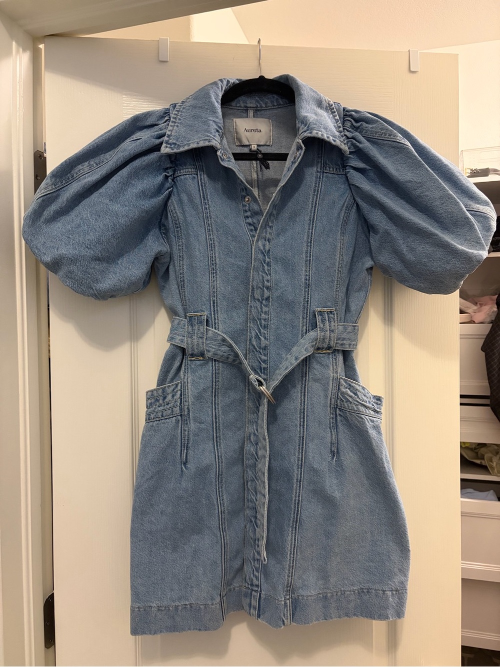 Celia Puff-Sleeve Denim Mini Dress in Light Blue - Picture 2 of 9